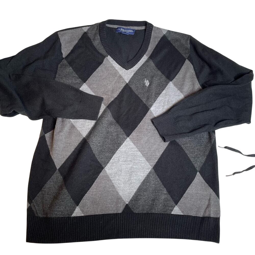US Polo Assn Mens XL Argyle V-Neck Sweater Black Grey Knit Pullover Long Sleeve
